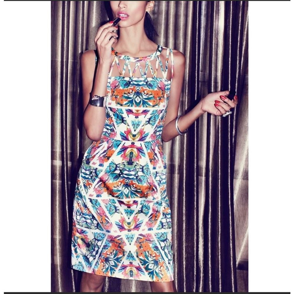 Adriana papel caged neckline colorful tiled special Event dress sheath dress